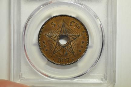 World Coins - Congo Free State; 5 Centimes 1887  PCGS MS62 BN