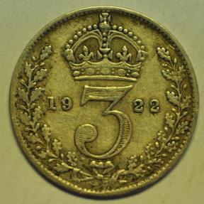 World Coins - Great Britain; Silver 3 Pence 1922