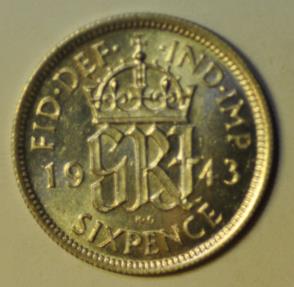 World Coins - Great Britain; Silver 6 Pence 1943  BU