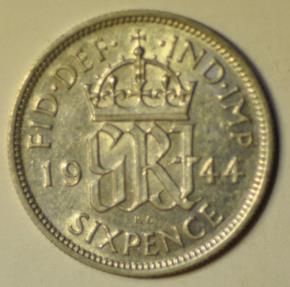 World Coins - Great Britain; Silver 6 Pence 1944  UNC