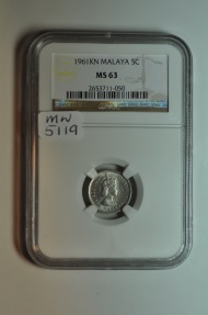 World Coins - Malaya & British Borneo; 5 Cents 1961 KN  NGC MS63