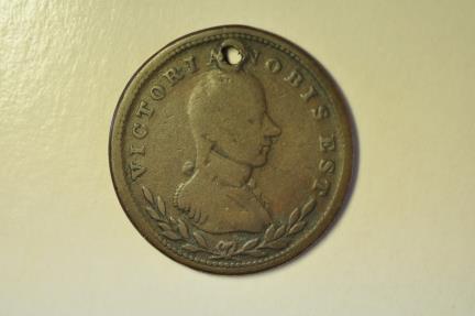 World Coins - Great Britain; Half Penny Token no date   VICTORIA NOBIS EST - holed