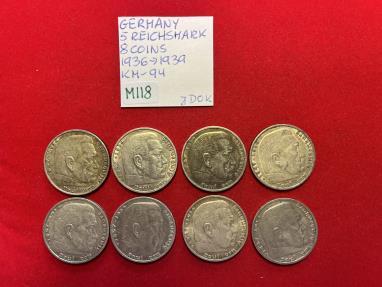 Germany Third Reich; Lot Of 8 Coins - Silver 5 Reichsmark 1936, 1937 ...