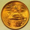 World Coins - Mexico Bronze 20 Centavos 1968 Mo  Red UNC