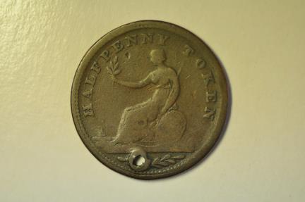 World Coins - Great Britain; Half Penny Token no date   VICTORIA NOBIS EST - holed