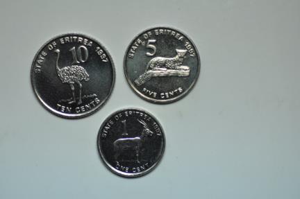 World Coins - Eritrea-former Ethiopian Province 3 Coins Set Cent - Gazelle, 5 Cents Leopard & 10 Cents - Ostrich 1997 BU