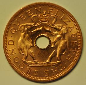 World Coins - Rhodesia & Nyasaland; Penny 1962 African Elephants Red UNC
