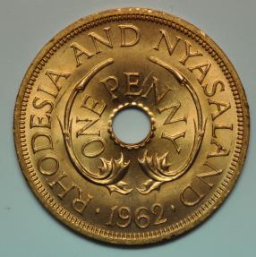 World Coins - Rhodesia & Nyasaland; Penny 1962 African Elephants Red UNC