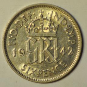 World Coins - Great Britain; Silver 6 Pence 1942  UNC
