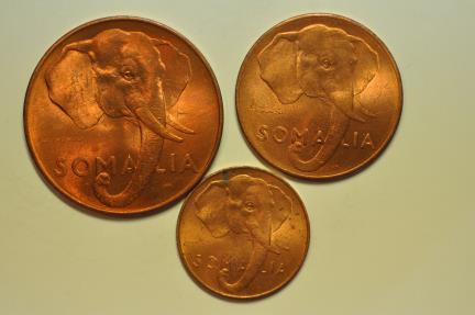 World Coins - Somalia; 3 Coins Set: 1 + 5 + 10 Centesimi AH1369 - 1950  African Elephant  Red UNC