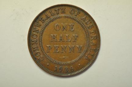 World Coins - Australia; Bronze 1/2 Penny 1936 (m)  XF