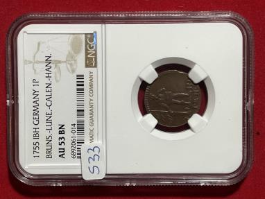World Coins - German States Brunswick - Luneberg - Calenberg - Hannover Pfennig 1755 IBN  NGC AU53 BN