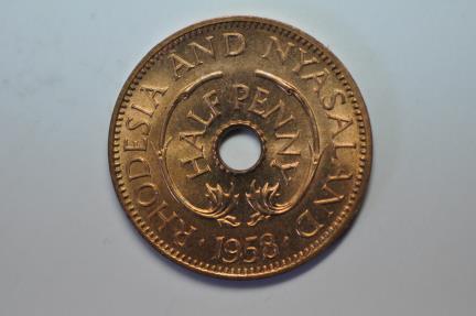 World Coins - Rhodesia & Nyasaland; 1/2 Penny 1958  Giraffes  Red BU