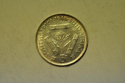 World Coins - South Africa; Silver 3 Pence 1945/3   UNC