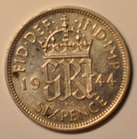 World Coins - Great Britain; Silver 6 Pence 1944  AU