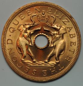 World Coins - Rhodesia & Nyasaland; Penny 1962 African Elephants Red UNC