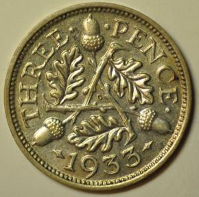 World Coins - Great Britain; Silver 3 Pence 1933   UNC