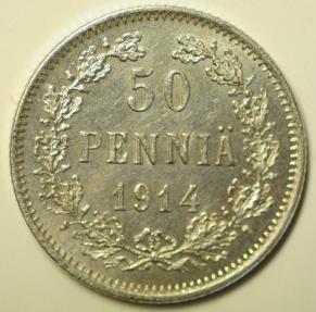 World Coins - Finland under Russian Occupation Silver 50 Pennia 1914-S