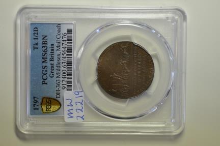 World Coins - Great Britain Middlesex, Mail Coach; 1/2 Penny Token 1797  PCGS MS63BN