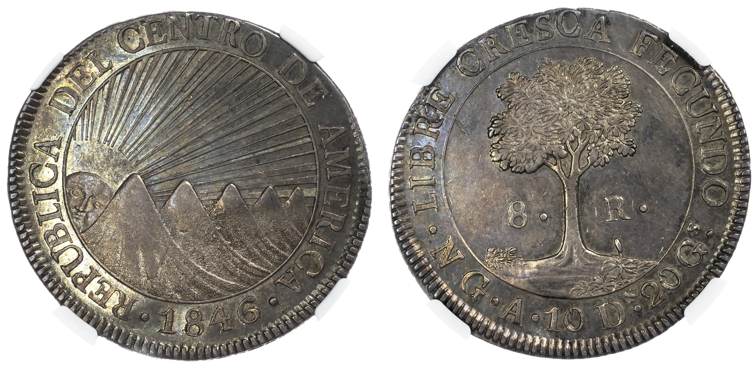 1836年 中央アメリカ共和国8レアル NGC認定 Central American Republic, Guatemala, silver 8 Reales, 1846/2