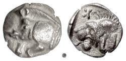 Ancient Coins - MYSIA, Kyzikos.  AR Obol, circa 450-400 BC.  Boar / Lion