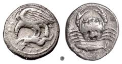 Ancient Coins - SICILY, Akragas.  AR Hemidrachm, circa 420-410 BC.  Eagle on hare / Crab