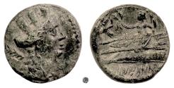 Ancient Coins - PHOENICIA, Arados.  AE 20; dated year 85 (175/4 BC).  Tyche / Poseidon on prow
