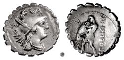 Ancient Coins - Roman Republic, C. Poblicius Q.f.  AR Denarius, Rome mint, 80 BC.  Roma / Hercules strangling lion