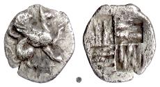 Ancient Coins - IONIA, Teos.  AR Tetartemorion, circa 450-425 BC.  Griffin / Incuse