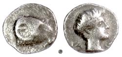 Ancient Coins - CARIA, Uncertain city (Kasolaba?).  AR Hemiobol, circa 450-400 BC.  Ram / Male head