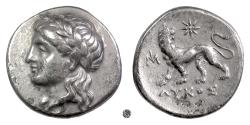 Ancient Coins - IONIA, Miletos.  AR Drachm. Lykos, magistrate, circa 340-325 BC.  Apollo / Lion