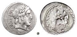 Ancient Coins - Roman Republic, Mn. Fonteius C.f.  AR Denarius, Rome mint, 85 BC.  Vejovis / Infant Genius