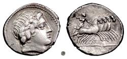 Ancient Coins - Roman Republic, Anonymous.  AR Denarius, Rome mint, circa 86 BC.  Apollo / Jupiter driving quadriga