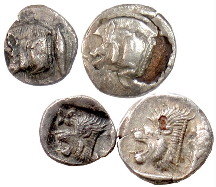 MYSIA, Kyzikos. AR hemiobol & fourée obol, circa 450-400 BC. Boar/Lion