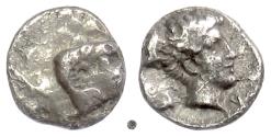 Ancient Coins - CARIA, Uncertain city.  AR Hemiobol, circa 450-400 BC.  Ram ‘ Young male head