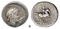 Ancient Coins - Roman Republic, Pub. Crepusius.  AR denarius, Rome mint, 82 BC.  Apollo / Horseman