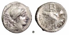 Ancient Coins - Roman Republic, Albinus Bruti f.  AR Denarius, Rome mint, 48 BC.  Pietas / Clasped hands