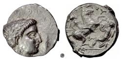Ancient Coins - PAEONIA, Patraos.  AR Tetradrachm, circa 335-315 BC.  Apollo / Warrior spearing enemy
