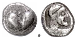 Ancient Coins - KYRENAICA, Kyrene.  AR Hemidrachm, circa 490-475 BC.  Silphion fruit / Zeus