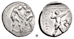 Ancient Coins - PAMPHYLIA, Aspendos.  AR Stater, circa 380-325 BC.. Wrestlers / Slinger