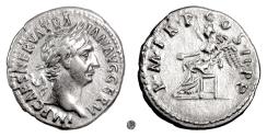 Ancient Coins - TRAJAN.  AR Denarius, Rome mint, struck 98-99 AD.  Victory