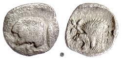 Ancient Coins - MYSIA, Kyzikos.  AR hemiobol, circa 525-475 BC.  Boar / Lion