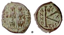 Ancient Coins - BYZANTINE, Justin II, with Sophia. AE half follis, Thessalonica mint, 574/5 AD