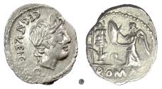 Ancient Coins - Roman Republic, C. Egnatuleius C.f.  AR Quinarius, Rome Mint, 97 B.C.  Apollo / Victory