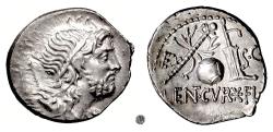 Ancient Coins - Roman Republic, Cn. Lentulus.  AR Denarius, Spanish(?) mint, issued under Pompey. 76-75 BC.. Genius / Scepter