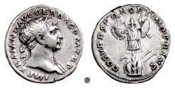 Ancient Coins - TRAJAN.  AR Denarius, Rome mint. Struck 107-108 AD.  Trophy of arms