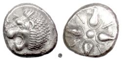 Ancient Coins - Carian Satraps, Hekatomnos.  AR Tetrobol, Mylasa mint, circa 392-376 BC. Roaring Lion