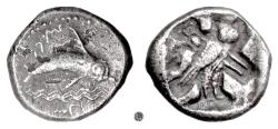 Ancient Coins - PHOENICIA, Tyre, uncertain king.  AR Quarter Shekel, circa 450-438 BC.  Dolphin / Owl.  Rare