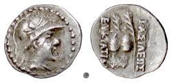 Ancient Coins - Baktria, Eukratides I Megas.  AR Obol, circa 170-145 BC