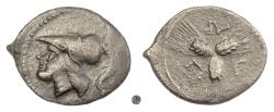 Ancient Coins - APULIA, Arpi.  AR Triobol, circa 215-212 BC.  Athena / Barley ears
